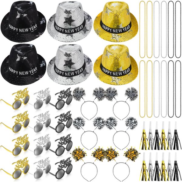Zeyune 24 Pcs 2025 New Year Eve Party Supplies Happy New Year Headbands Hats Glasses Tassel Beaded Necklaces New Year's Noise Makers
