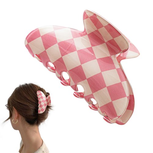 Checkered Hair Claw Clips for Women Cute Claw Clip Pack, Checkered Hair Clips for Girls Medium Size Hair Claws for Thick Hair Checkered Claw Clips No-Slip Grip Aesthetic Hair Accessories (Pink-white)