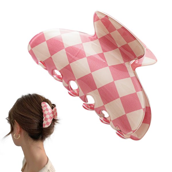 Checkered Hair Claw Clips for Women Cute Claw Clip Pack, Checkered Hair Clips for Girls Medium Size Hair Claws for Thick Hair Checkered Claw Clips No-Slip Grip Aesthetic Hair Accessories (Pink-white)