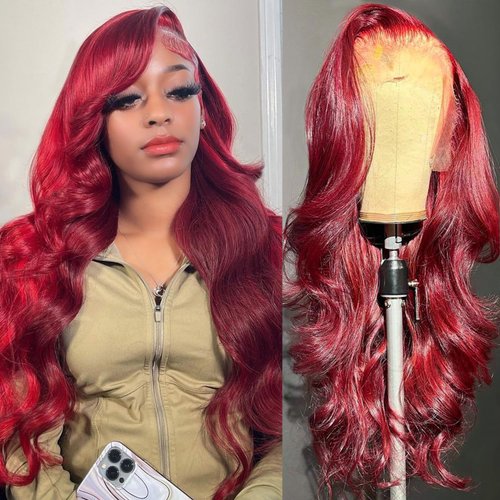 oisiyu Burgundy Lace Front Wigs Human Hair Pre Plucked 180% Density 13x6 HD Transparent Body Wave Lace Front Wigs Human Hair with Baby Hair for Black Women Glueless Wine Red Colored Wig 28Inch