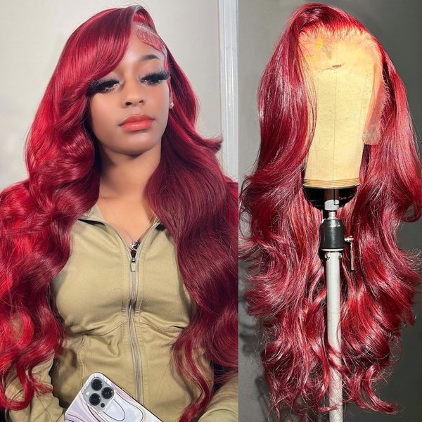 oisiyu Burgundy Lace Front Wigs Human Hair Pre Plucked 180% Density 13x6 HD Transparent Body Wave Lace Front Wigs Human Hair with Baby Hair for Black Women Glueless Wine Red Colored Wig 28Inch