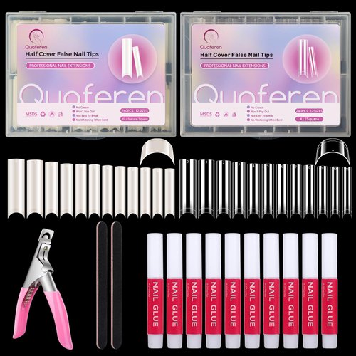 480PCS Extra Long C Curve Nail Tips and Glue, 2 Packs Natural and Clear Acrylic for Nails Professional Set, 12 Sizes Artificial Straight Square French False Nail Tips