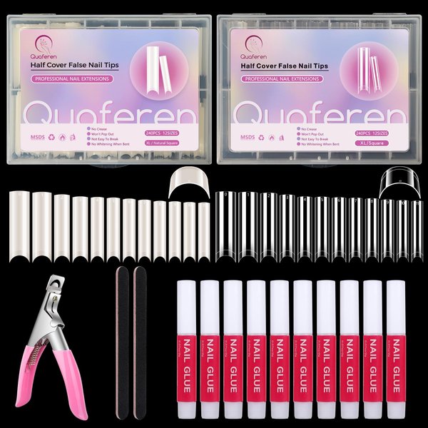 480PCS Extra Long C Curve Nail Tips and Glue, 2 Packs Natural and Clear Acrylic for Nails Professional Set, 12 Sizes Artificial Straight Square French False Nail Tips