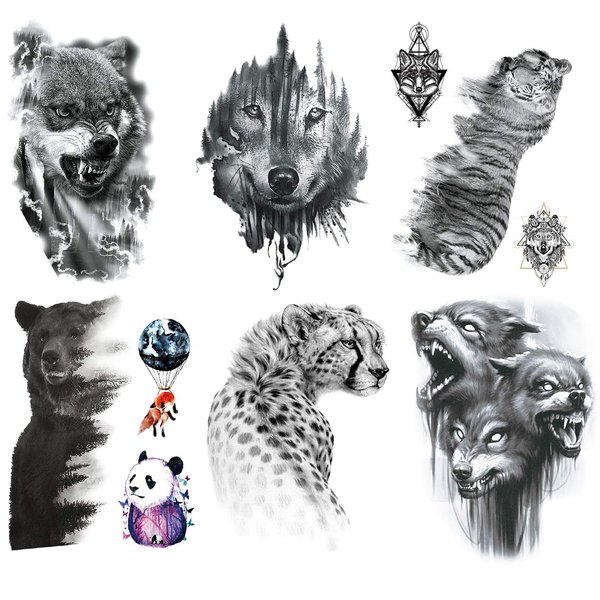 Kotbs 6 Sheets Animal Temporary Tattoos, Black Strong Wolf Tiger Tattoo Stickers for Men Women Adults Waterproof Fake Tattoos