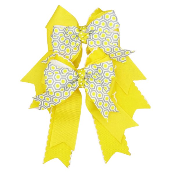 Yellow & White Equestrian Hair Bows-Available on French Barrette, Alligator Clip, Ponytail Elastic (Pair of Bows 6" Tail Alligator Clip) (French Barrette)