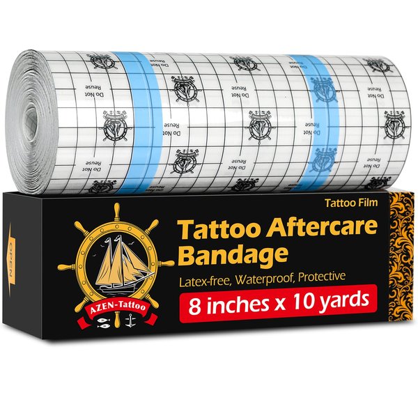AZEN Tattoo Aftercare Bandage, 8"x 10 Yard, Tattoo Waterproof Bandage, Second Skin Tattoo Cover up Tape, Tattoo Healing Wrap, Tattoo Wrap, Tattoo Tape, Tattoo Supplies