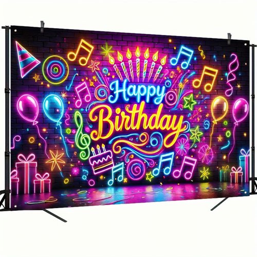 Blissyard Neon Birthday Party Banner 71x43 Inch Glow in The Dark Birthday Party Photography Backdrops Happy Birthday Party Decoration Banner for Kids Boys Girls
