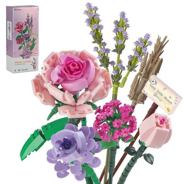 PinkBee Flower Bouquet, Mini Pink Rose Lavender Building Block Sets Creative Home Decor Toys Kits Valentine Birthday for Adults Her Girlfriends Women Kids 8+ 8-12 (393 PCS)