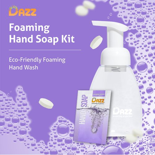 Dazz Foaming Hand Soap Starter Kit Eco Friendly Refillable Foam Hand Wash - Includes 2 Refill Packets + 8.5oz Foam Hand Soap Pump - Lavender-Lemon Scent - Fits All Glass Foaming Pumpers