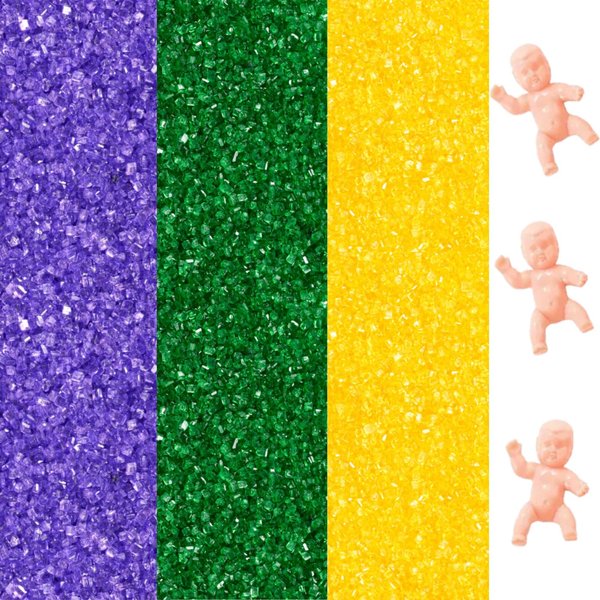 Mardi Gras King Cake Decoration Gift Box Kit Yellow Green Purple Sanding Sugars with King Baby - White