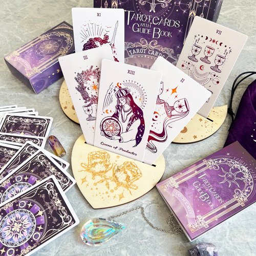 TIRLANO 78 Tarot Cards with Guide Book - Tarot Deck Gift Set with Tarot Cloth, Chakra Stones & Tarot Bag, Purple Tarot Cards Fortune Telling Game Craft Cardboard for Beginners and Expert Readers