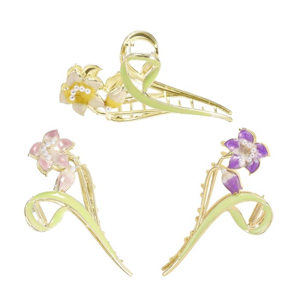 Yonchic 3-Piece Floral Metal Hair Clips, Lily Flower Hair Claw for Thin/Medium Thick Hair Claws, Elegant Barrettes Strong Hold Hair Clamps Non Slip Cute Hair Catch Clip Accessories (3-Color Lily)