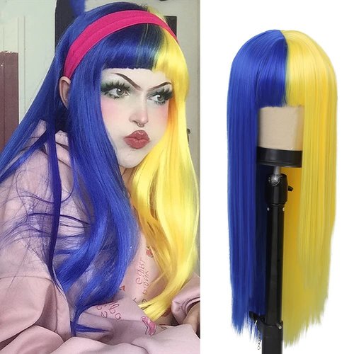 Tseses Half Blue Half Yellow Long Straight Synthetic Wigs with Bangs for Women Middle Part Blue Wigs Cosplay Party Halloween Hair Wig