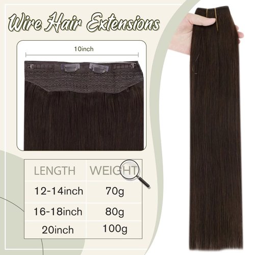 Easyouth Invisible Wire Hair Extensions Human Hair Fish Line Hair Extensions Real Human Hair Darkest Brown #2 Wire Hair Extensions Real Human Hair with Transparent Headband 12 inch 70g