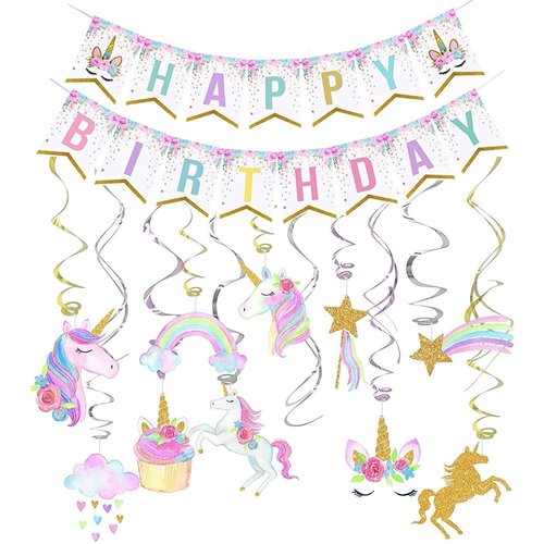 Unicorn Birthday Decorations Unicorn Party Decorations Unicorn Party Supplies Uincorn Party Favors Unicorn Happy Birthday Banner and Unicorn Hanging Swirl for Girls Birthday Party Decorations