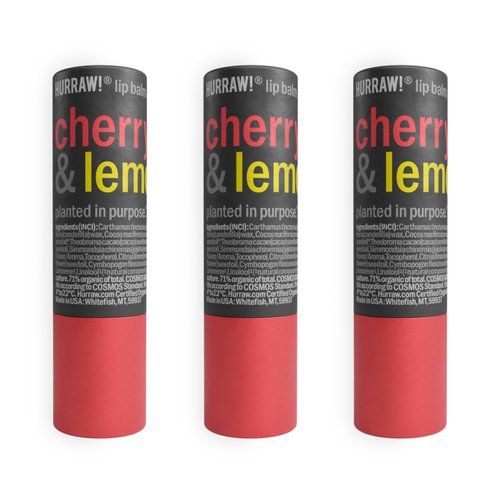 Hurraw! Cherry & Lemon Lip Balm, 3 Pack: Plastic-Free with new cardboard push-up tube. Certified Organic, All Natural Origin, Vegan & Cruelty Free. Gluten Free. Bee, Shea, Soy & Palm Free. Made in USA