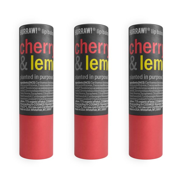 Hurraw! Cherry & Lemon Lip Balm, 3 Pack: Plastic-Free with new cardboard push-up tube. Certified Organic, All Natural Origin, Vegan & Cruelty Free. Gluten Free. Bee, Shea, Soy & Palm Free. Made in USA