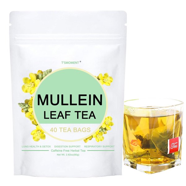 Mullein Leaf Tea Bags, 40 Tea Bags, 100% Pure Natural Mullein Leaves for Lungs Cleanse Detox & Respiratory Support, No Additives & Caffeine Free