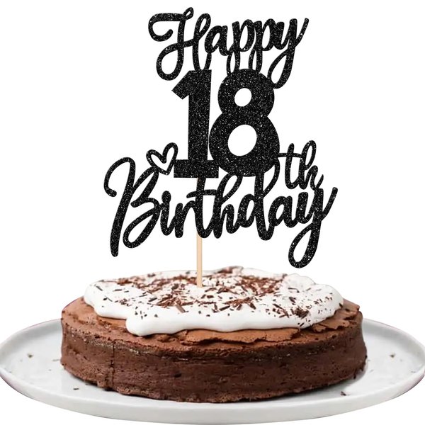 1 PCS Happy 18th Birthday Cake Topper Glitter Cheers to 18 Years Birthday Cake Pick Eighteen Hello 18 Fabulous Cake Decoration for Happy 18th Birthday Anniversary Party Decorations Supplies Black