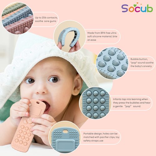 Socub Silicone Baby Teething Toy for Babies 3-12 Months, 2 Pcs Mobile Phone Shape Teether Toys for Infants Boys Girls, BPA Free Pain Relief Chew Toy (Sage/Ether)