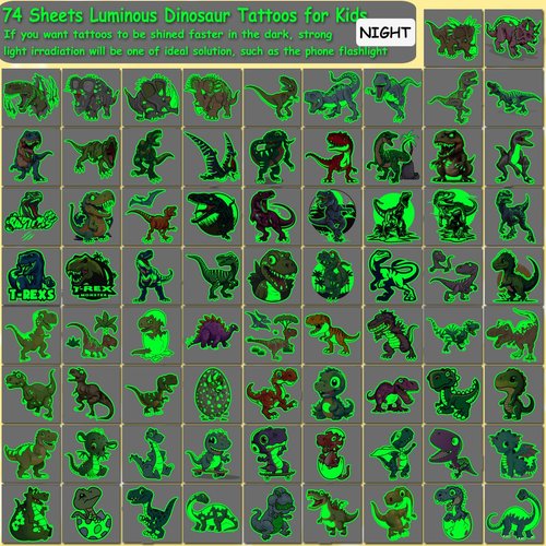 CHARLENT Glow in The Dark Dinosaur Temporary Tattoos for Kids - 74 Individually Sheets Luminous Dinosaur Tattoos for Boys Birthday Party Favors Goodie Bag Fillers