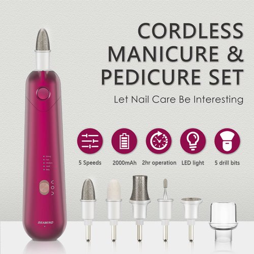 Professional Manicure Pedicure Set, Cordless Electric Nail File Kit, Rechargeable Nail Grinder for Thick Nails, 5 Speeds Hand Foot Nail Care Trimmer Buffer Tools(Red)