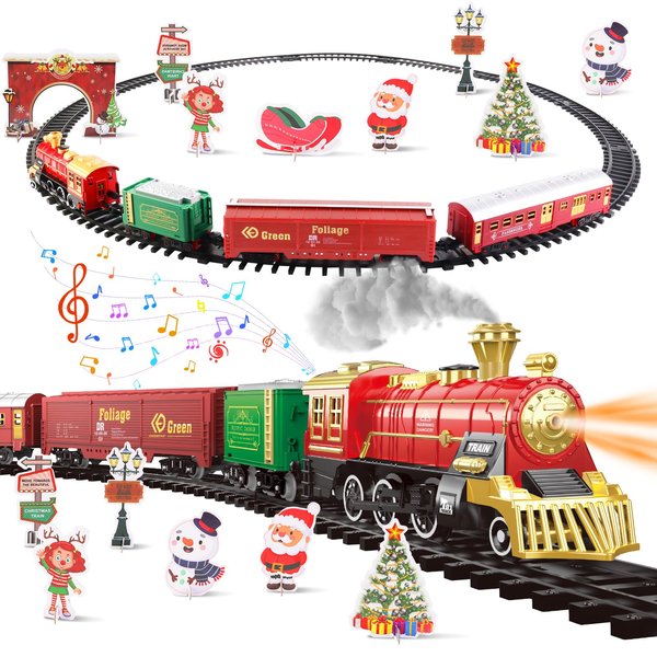 deAO Train Set Christmas Train Set Toys for Kids with Smoke, Light and Sound, Christmas Tree Train Toys, Tracks,Electric Train Track Playset for Boys Girls 3+
