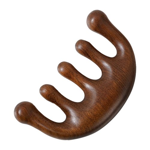 Qishing 100% Natural Handmade Pure wood Five-tooth meridians comb portable gold wire sandalwood comb wide tooth head scalp meridians scraping massage comb Wooden Comb for Men and Women (Half moon)