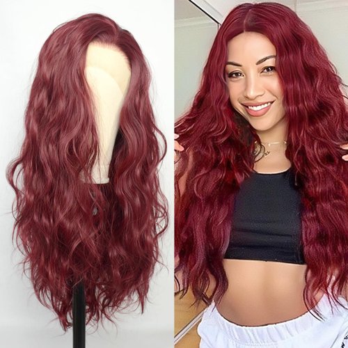 Luwigs Burgundy Wavy Lace Front Wigs for Women Synthetic Long Body Wave Heat Fiber Hair Wine Red Replacement Wigs Transparent Lace Halloween Cosplay Daily Wear 22inch