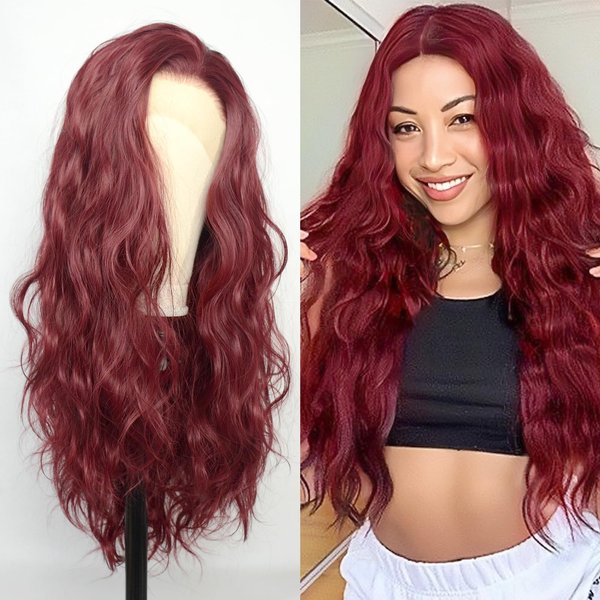 Luwigs Burgundy Wavy Lace Front Wigs for Women Synthetic Long Body Wave Heat Fiber Hair Wine Red Replacement Wigs Transparent Lace Halloween Cosplay Daily Wear 22inch