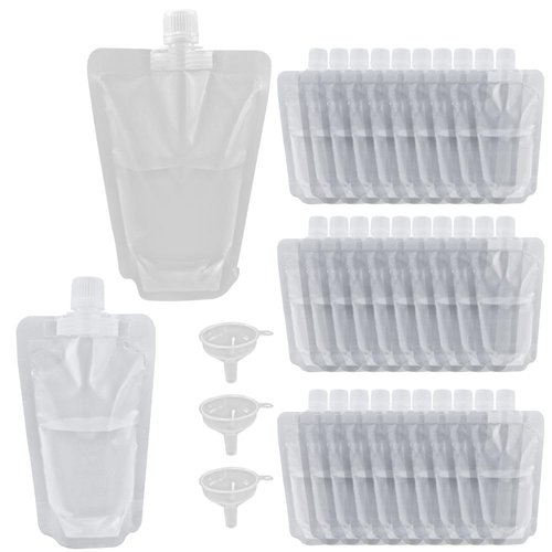 Alltoyable Portable drink bag, translucent frosted design, reusable, leak-proof, food-grade material does not contain BPA, suitable for outdoor,concerts, cruises (8OZ*15Pcs+16OZ*15Pcs+3 funnels)