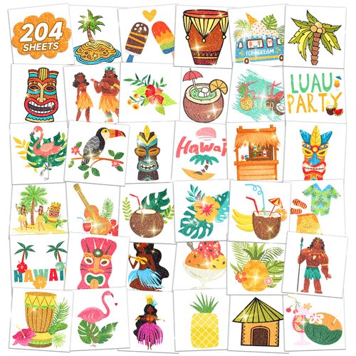 EMOME 204 Sheets Kids Tattoos Luau Beach Party Decorations, Individually Wrapped Glitter Tattoos for Kids Pool Party Favors Supplies, Hawaiian Beach Themed Gifts Decor Goody Bag Stuffers for Kids