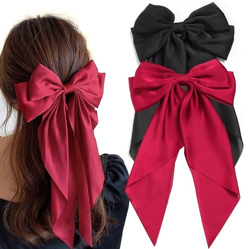 Hair Bows for Women,Satin Bow Barrette Hairclip Long Tail Ponytail Holder Wedding Party Hair Accessories (Red+Black)