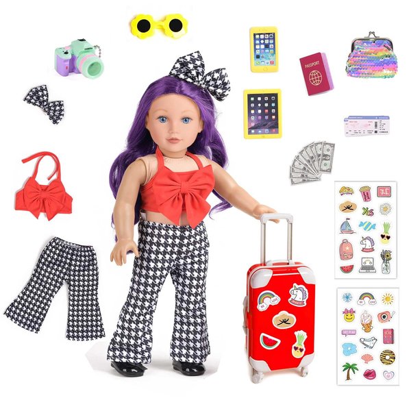 Sweet Dolly 18 Inch Doll Clothes and Accessories Travel Luggage Case Suitcase Fashion Doll Outfits Play Set for 18 Inch Dolls