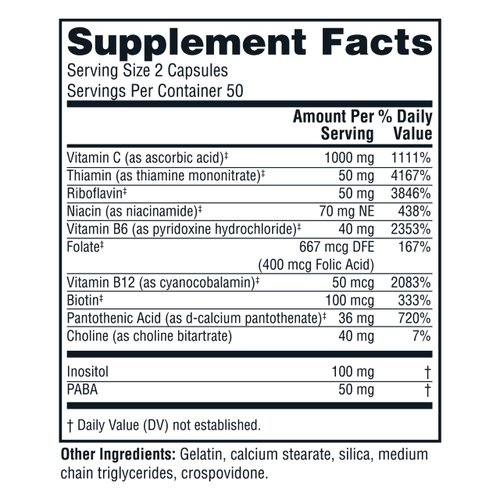 Twinlab Stress B-Complex Caps - Complete B-Complex & 1000 mg Vitamin C - Energy Support Supplement with Vitamin B12 and B6-100 Capsules