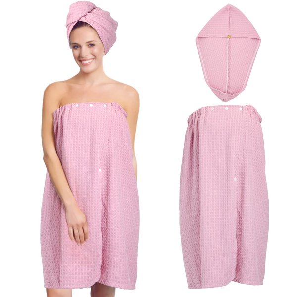 TOCOHO Women Microfiber Waffle Hair Drying Towel and Bath Wrap Towel Set- Adjustable Soft Body Wraps Dress with Hair Turban, Super Absorbent to Quick Drying Hair and Body (Pink)