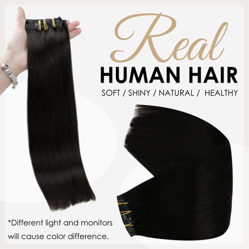 Full Shine Black Clip in Hair Extensions Real Human Hair Natural Black Hair Extensions Clip in Human Hair 14 Inch Skin Weft Clip in Extensions Remy Straight Hair Full Head 8Pcs 120 Grams