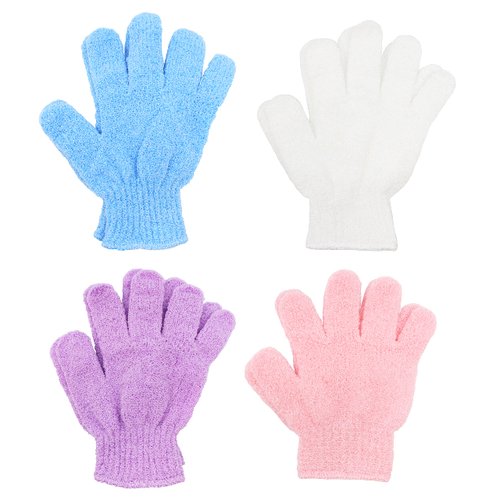 NuValu Exfoliating Bath Shower Gloves 4 Pairs - Body Scrub Exfoliator Deep Clean Removes Dead Skin 7.5" Double Sided Assorted Colors