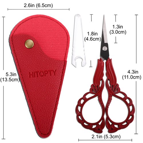 HITOPTY Sewing Embroidery Scissors with Cover, Sharp Threading Scissors for Needlework Craft Yarn Art Paper Detail Cutting, Straight Tip Little Snips Red Vintage