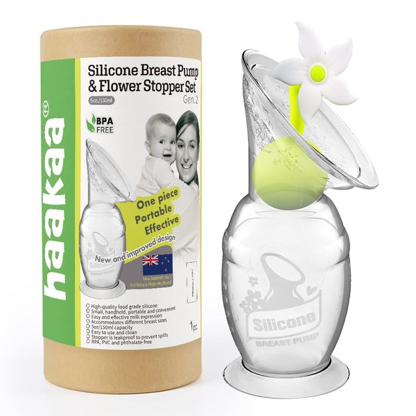 haakaa Manual Breast Pump with Suction Base and Flower Stopper Set for Breastfeeding (5oz/150ml)(White)