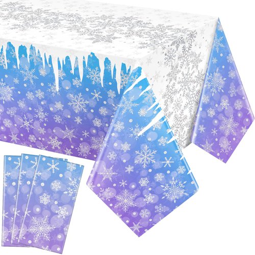 Oudain 3 Packs Winter Snowflake Plastic Tablecloth Christmas Snowflake Tablecloth Blue and Purple Disposable Snowflake Table Cover Winter Wonderland Table Decorations for Party Supplies, 54 x 108 Inch