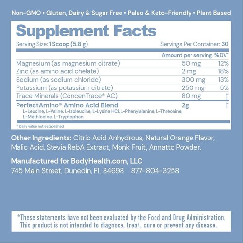 BodyHealth PerfectAmino Electrolytes Powder, Hydration Powder, Sugar Free Keto Electrolyte Drink Mix, Non GMO, Orange Flavor (30 Servings)