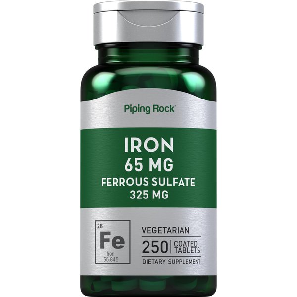 Iron Ferrous Sulfate 65 mg | 250 Tablets | Iron Supplement | High Potency Formula | Vegetarian, Non-GMO, Gluten Free | by Piping Rock