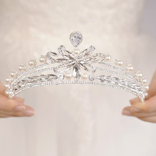 JWICOS Silver Pearl Tiara Crown for Women Crystal Headband Headpiece Princesss Crown Tiara for Brides Bridal Wedding Tiara for Prom Pageant Gift (Silver)