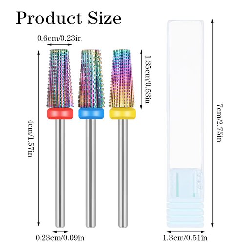 3 Pieces Nail Drill Bits, Tungsten Nail Carbide 5 in 1 Bit 3/32 Inches Cone Shape Carbide Bit Carbide Nail Drill Bits for Acrylic or Gel Remover Nail Drill, Manicure Pedicure Tools for Salon Home