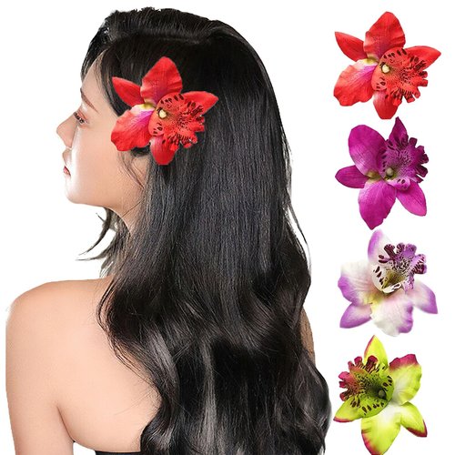 4 Pieces Flowers Hair Claw Clips, Hawaiian Cymbidium Hair Clip Lace Clip Boho Seaside Holiday Bridal Wedding Hair Accessories for Women