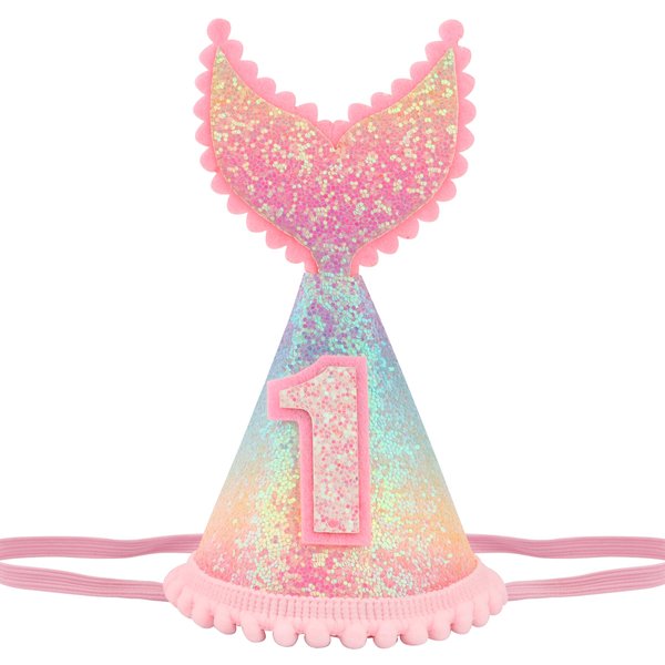 Vovii 1 year old Mermaid Tail Birthday Hat for Baby Girl Pink Sparkle Sequined Mermaid Tail Headband Princess Birthday Party Supplies