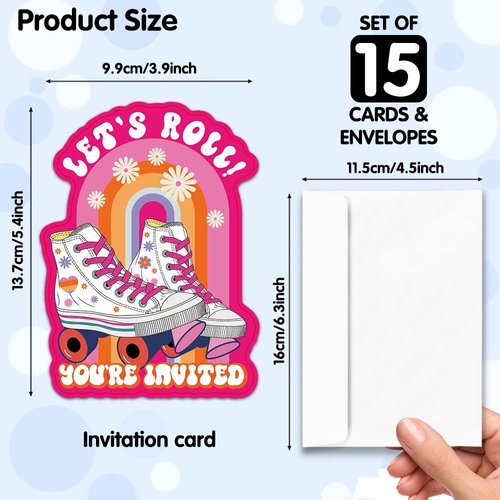 RZHV 15 Pack Roller Skating Shaped Fill-In Party Invitations Cards With Envelopes for Boys & Girls Teens Adults, Funny Boys & Girls Sports Party Baby Shower Birthday Party Invite(Let's Roll)