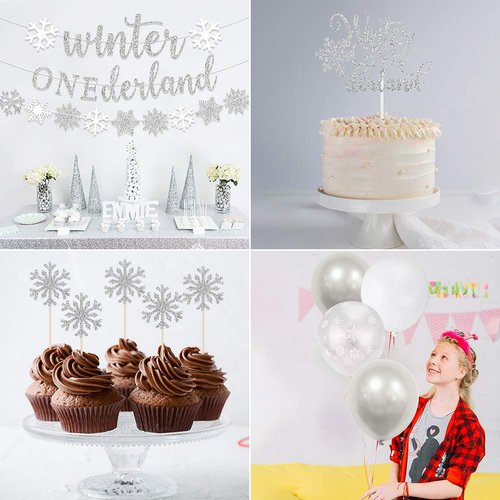 Winter Onederland 1st Birthday Party Decorations, Glitter Silver Winter Onederland Banner, Cake Topper, Snowflake Balloons Garland for Girl Boy Winter Wonderland Baby First Birthday Party Supplies