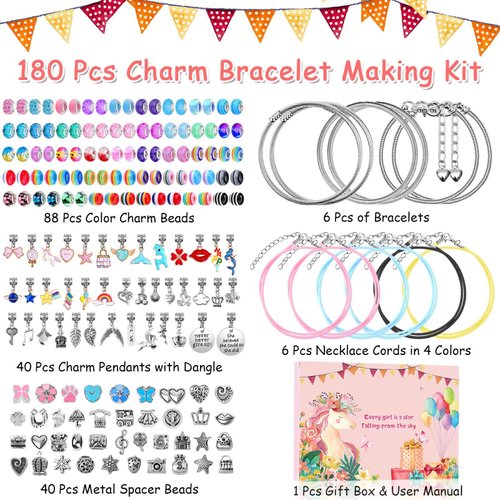 shynek 180 Pieces DIY Charm Bracelet Making Kit for Girls 8-12, Jewelry Making Kit for Girls with Bracelet Making Beads, Snake Chains for Girls Christmas Gift, Arts and Crafts